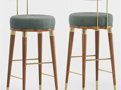 Modern Bar Stools With Green Upholstered Seat Wooden Legs And Gold Metal Accents 3d model