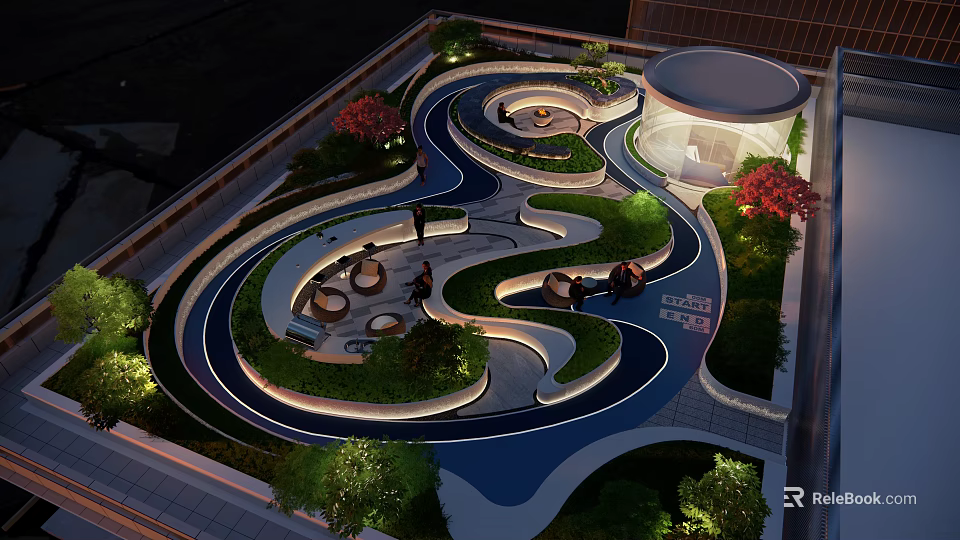 Modern Roof Garden Design With Curved Pathways Lush Greenery Seating Areas And Ambient Lighting 3d model 