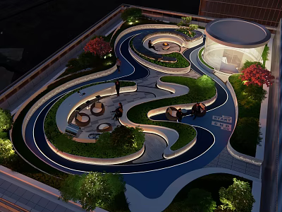 Modern Roof Garden Design With Curved Pathways Lush Greenery Seating Areas And Ambient Lighting 3d model