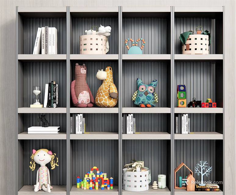 Colorful Decorative Ornament Set On Shelf With Dolls Building Blocks House Tree Models 3d model 