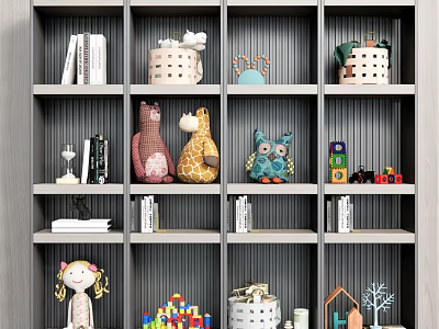 Colorful Decorative Ornament Set On Shelf With Dolls Building Blocks House Tree Models 3d model
