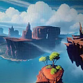 Vibrant Cartoon Landscape With Floating Rock Formations And Blue Lagoon