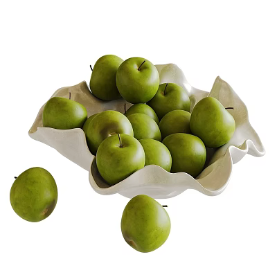 White Bowl Shaped Decorative Ornament Set With Fresh Green Apples 3d model