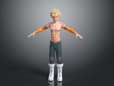Anime Style Male Character With Spiky Blonde Hair Orange Arm Guards And White Boots 3d model