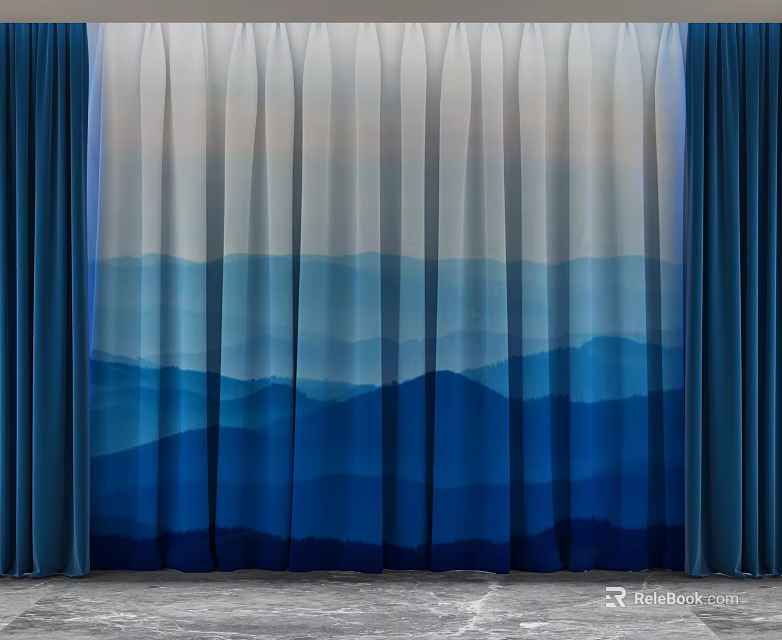Elegant Blue Gradient Curtains With Mountain Pattern Design For Home 3d model