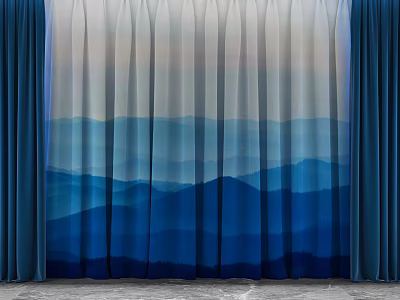 Elegant Blue Gradient Curtains With Mountain Pattern Design For Home 3d model