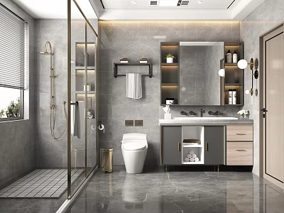 Modern Bathroom Interior With Glass Shower Gray Marble Walls White Toilet Vanity And Gold Hardware 3d model