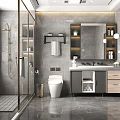 Modern Bathroom Interior With Glass Shower Gray Marble Walls White Toilet Vanity And Gold Hardware