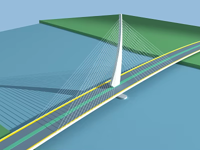 White Tower Cable Stayed Bridge Over Blue Water Green Land With Yellow Green Road Lines 3d model
