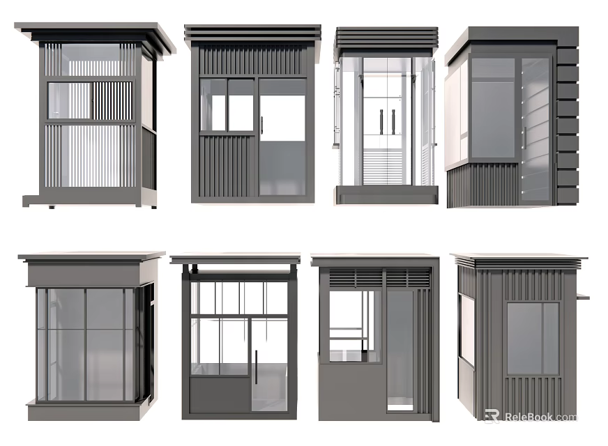 Various Modern Modular Booth Designs With Glass Windows And Metal Panels 3d model 