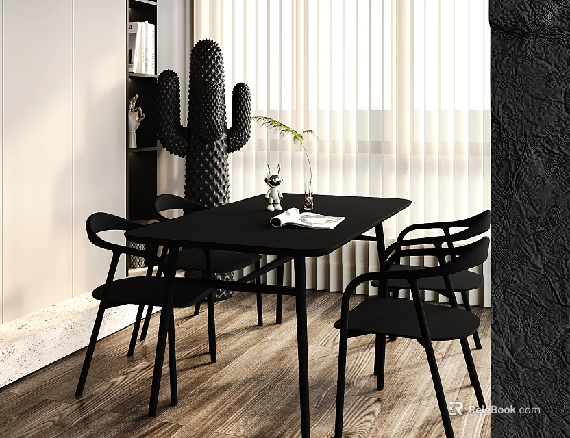 Modern Black Dining Table Set in Minimalist Interior With Chairs Cactus And Wooden Floor 3d model 