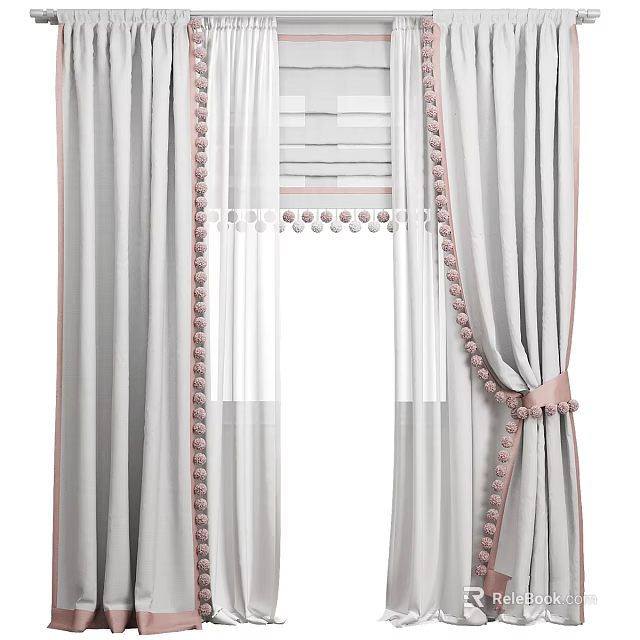 Elegant Gray Pink Curtain Design With Tassel Tieback And Sheer Panel 3d model 