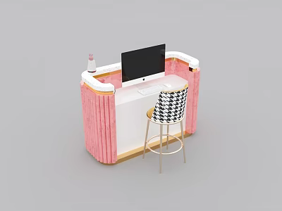 Modern Pink Velvet Reception Desk With Monitor On White Countertop And Checkered Stool 3d model