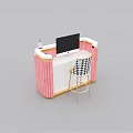 Modern Pink Velvet Reception Desk With Monitor On White Countertop And Checkered Stool