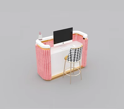 Modern Pink Velvet Reception Desk With Monitor On White Countertop And Checkered Stool 3d model