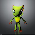 3D Friendly Green Creature Cartoon Character Design With Yellow Belly Red Paws Big Eyes Standing