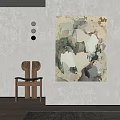 Abstract Painting With Wooden Chair And Circular Wall Ornaments In Modern Room 3d model