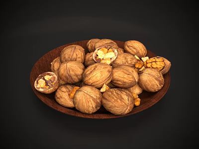 Fresh Walnuts In Wooden Plate With Whole And Cracked Kernels On 3d model