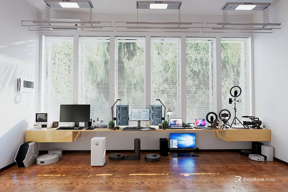 Modern Computer Workstation Setup With Multiple Monitors Office Peripherals And Bright Windows 3d model 