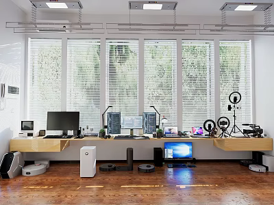 Modern Computer Workstation Setup With Multiple Monitors Office Peripherals And Bright Windows 3d model