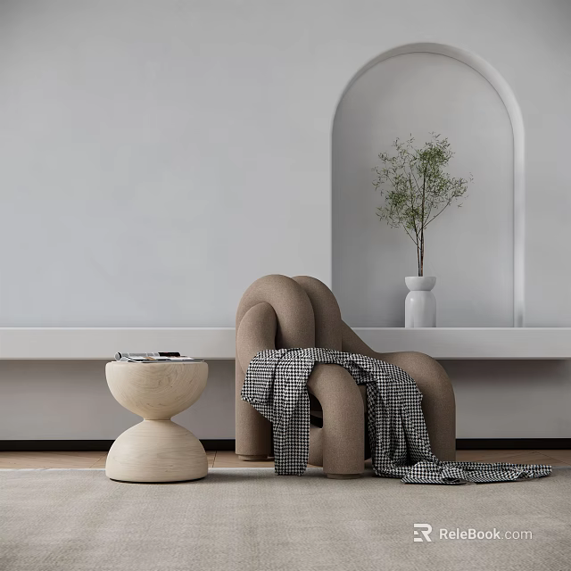 Beige Single Sofa with Checkered Blanket Wooden Table and Vase Green Plant in Curved Arch 3d model 