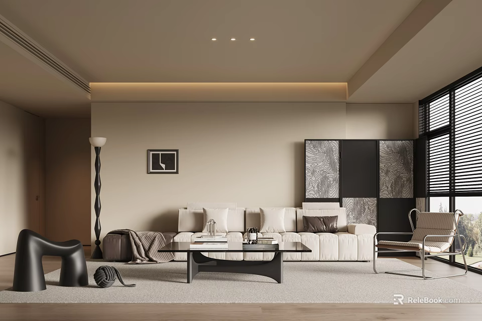 Modern Living Room Interior with White Sofa Black Coffee Table Floor Lamp and Decorative Paintings 3d model 