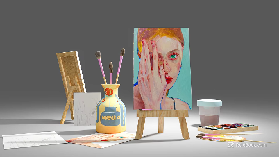 Artistic Ornament Decor Set With Easel Oil Painting Vase Paintbrushes And Palette 3d model 