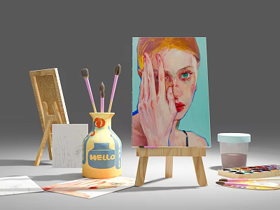Artistic Ornament Decor Set With Easel Oil Painting Vase Paintbrushes And Palette 3d model