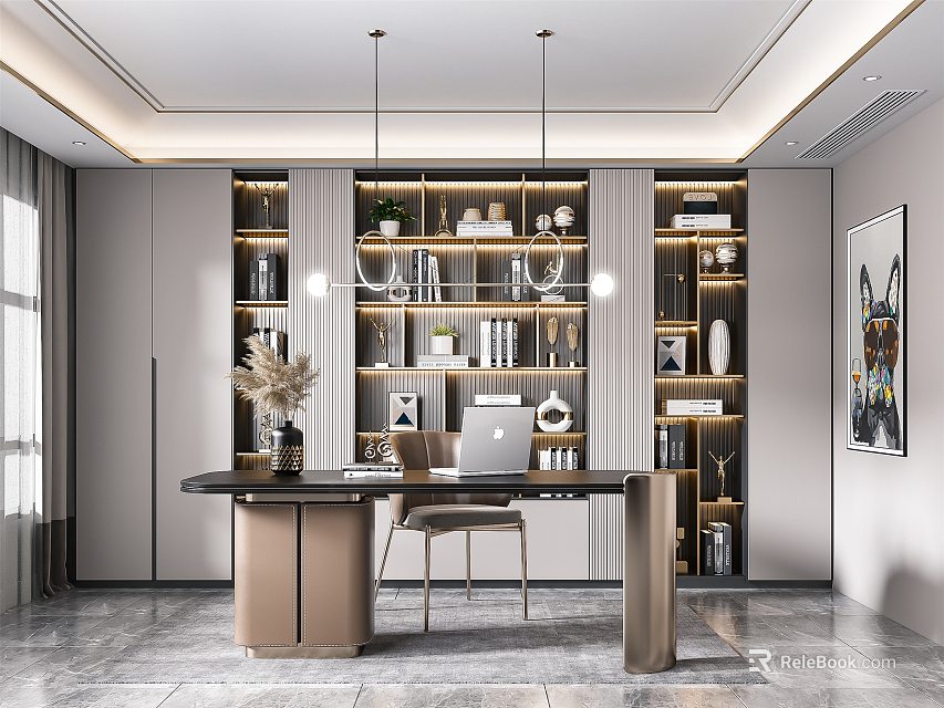 Modern Study Room Interior Design With Writing Desk Bookshelves Laptop And Decorative Lights 3d model 