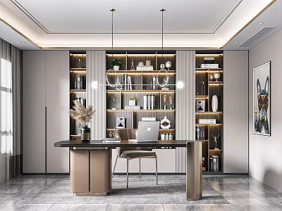 Modern Study Room Interior Design With Writing Desk Bookshelves Laptop And Decorative Lights 3d model