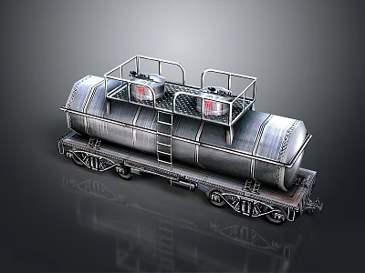 Metallic Tank Train Car With Top Platform Ladder And Red Signal Lights 3d model