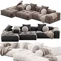 Velvet Upholstered Multi-seat Sectional Sofa in Neutral Tones with Plush Cushions and Throw Blankets