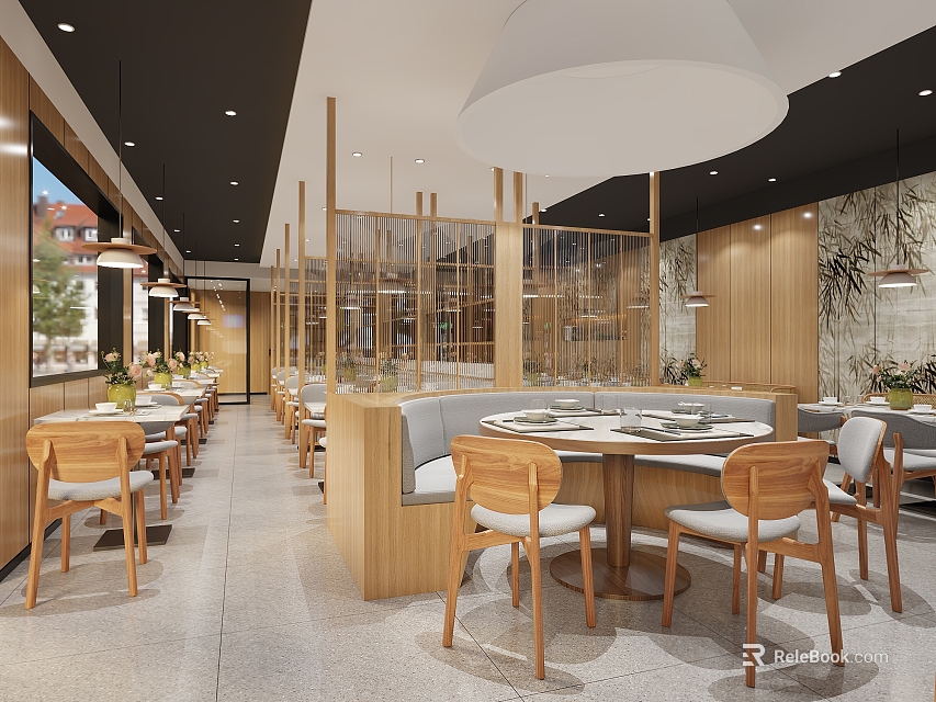 Modern Restaurant Interior With Wooden Booth Seating Round Tables And Pendant Lights 3d model 