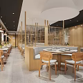 Modern Restaurant Interior With Wooden Booth Seating Round Tables And Pendant Lights