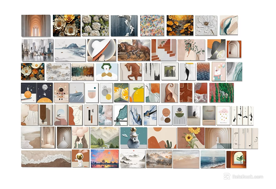 Diverse Art Prints Collection With Grid Arrangement Nature Landscapes Abstract Patterns And Animals 3d model 