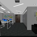 Public Office Space With Open Layout Work Desks Computers Chairs Wall Posters And Grey Carpet 3d model