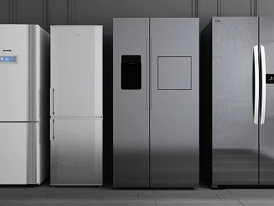 Modern Stainless Steel Refrigerators and Freezers Lined Up in Various Styles 3d model