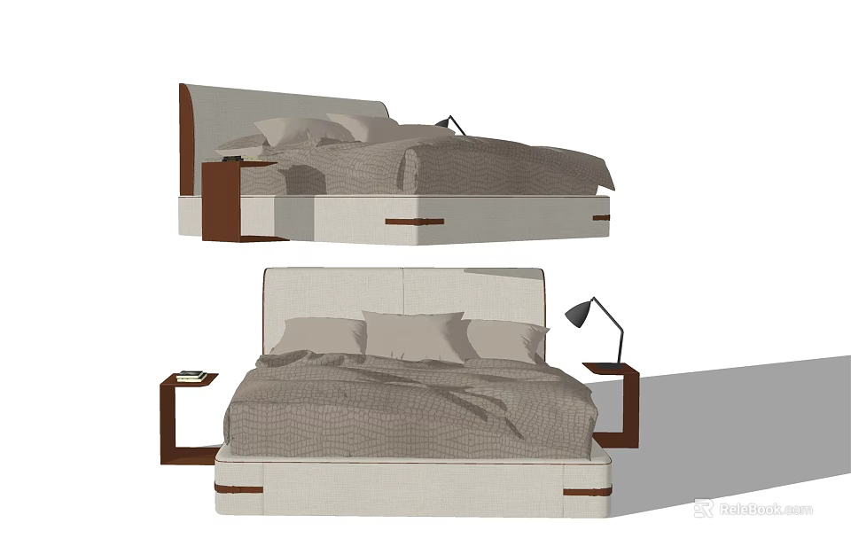 Modern Double Bed Design With Wooden Accents Nightstands And Table Lamps 3d model 
