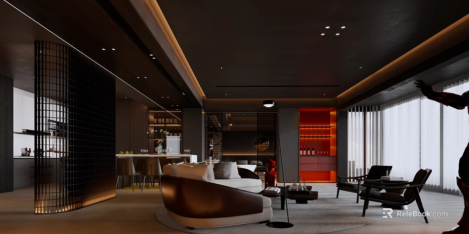 Modern Living And Dining Area Interior With Dark Ceiling Leather Sofa And Wine Cabinet 3d model 