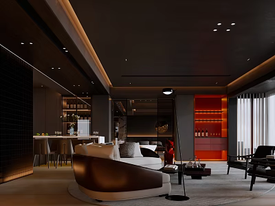Modern Living And Dining Area Interior With Dark Ceiling Leather Sofa And Wine Cabinet 3d model