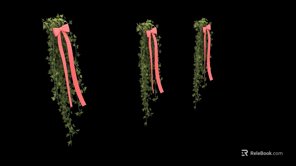 Hanging Decorative Ornament Set With Green Plants Pink Ribbons And Bowknots 3d model 