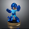 Blue Robot Character in Action Pose Standing on Golden Base with Reflective Surface 3d model