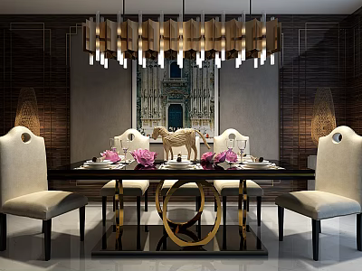 Modern Dining Table Set With White Upholstered Chairs Gold Accent Chandelier And Pink Flowers 3d model