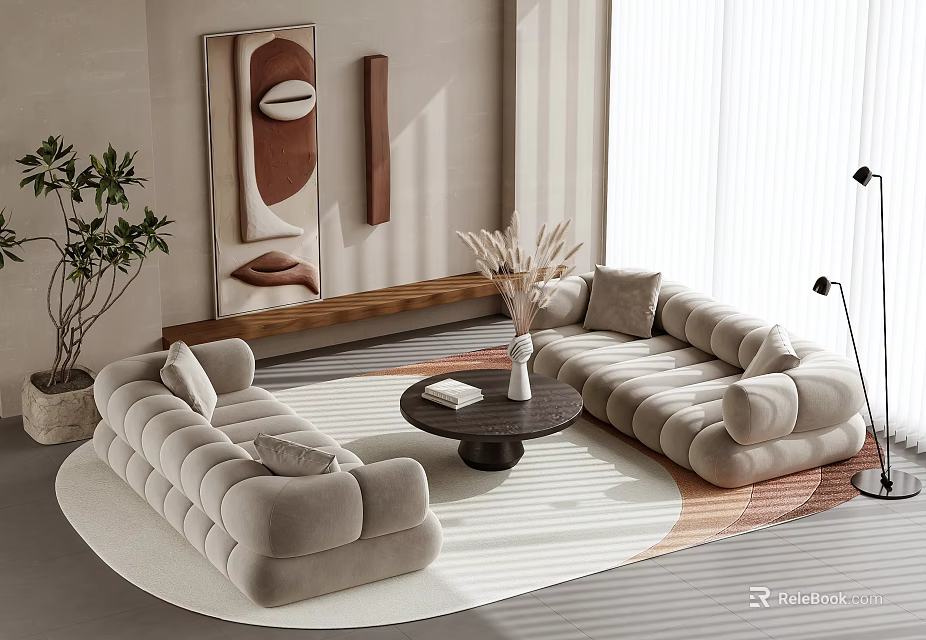 Plush Beige Tufted Sofa Coffee Table Set In Modern Living Room With Decorative Painting And Round Area Rug 3d model 