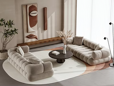 Plush Beige Tufted Sofa Coffee Table Set In Modern Living Room With Decorative Painting And Round Area Rug 3d model
