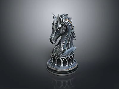 Metallic Chess Knight Sculpture With Intricate Design And Decorative Base 3d model