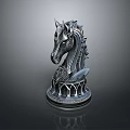 Metallic Chess Knight Sculpture With Intricate Design And Decorative Base