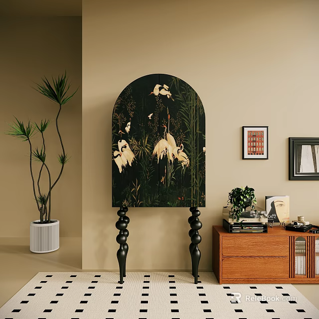 Artistic Console Cabinet Sideboard With Crane Floral Pattern Potted Plant And Wall Art 3d model 