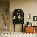 Artistic Console Cabinet Sideboard With Crane Floral Pattern Potted Plant And Wall Art
