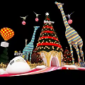 Christmas Decorative Scene With Tree Giraffes Hot Air Balloon Gifts And Snow Piles